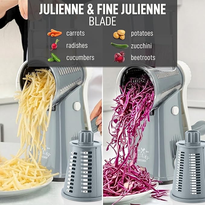 Zulay Kitchen Rotary Cheese Grater 5 Blade Cheese Shredder - Manual Hand Crank Cheese Grater With Reinforced Suction & 5 Interchangeable Drums - Easy to Use, Vegetable Chopper Round Mandoline Slicer