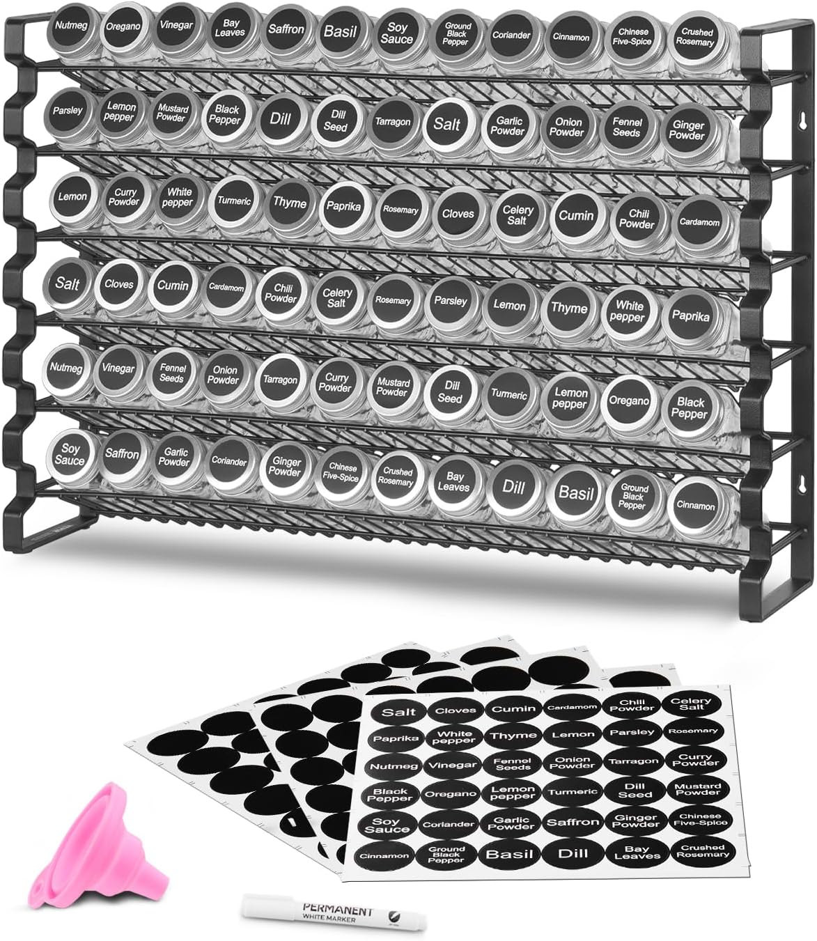Spice Rack Organizer for Cabinet, Spice Organizer with 72 Empty Spice Jars, Lids, Spice Labels, and Funnel Complete Set, Seasoning Organizer for Countertop, Kitchen, Pantry, Cupboard, 23x16 in