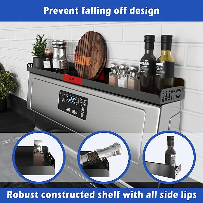 STUTOV 30" Magnetic Stove Top Shelf – Black Spice Rack with Red LOVE Design – Seasoning Organizer for Back of Stove – Over Stove Rack and Kitchen Storage Shelf