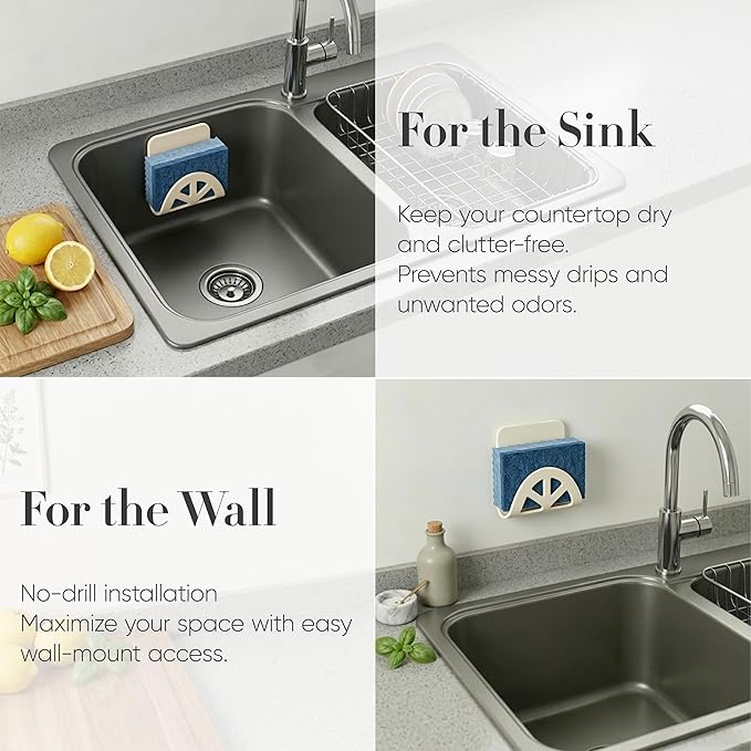 Flexible Sponge Holder for Kitchen Sink Adhesive - Bendable Silicone Sink Caddy 2 Pack, Metal Core Dish Scrubber Rack, Fold-Flat Organizer for Soap Brush Razor, Stone Wall Mount (Creamy White)