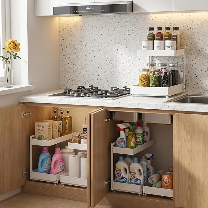 Under Sink Organizer, Kitchen & Bathroom Storage with L-Shaped Design Fits Around Pipes, 2-Tier Slide-Out Metal Drawer, Adjustable Height for Cabinet Laundry Organization (Cream White)