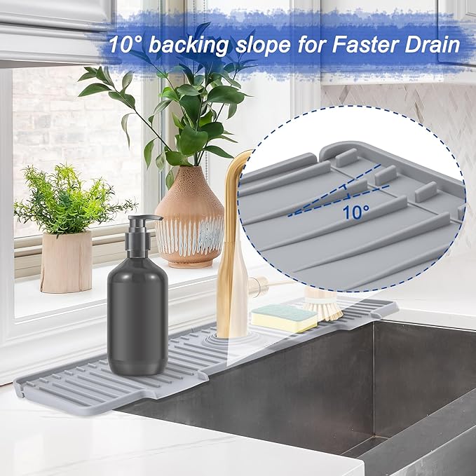 Amerner 20 inch Kitchen Sink Splash Guard, 10° Large Slope & Adaptable Hole Faucet Mat for Kitchen Sink, Silicone Sink Organizer Sponge Holder for Kitchen, Bathroom, RV, Bar, 20” x 5.5”, Gray