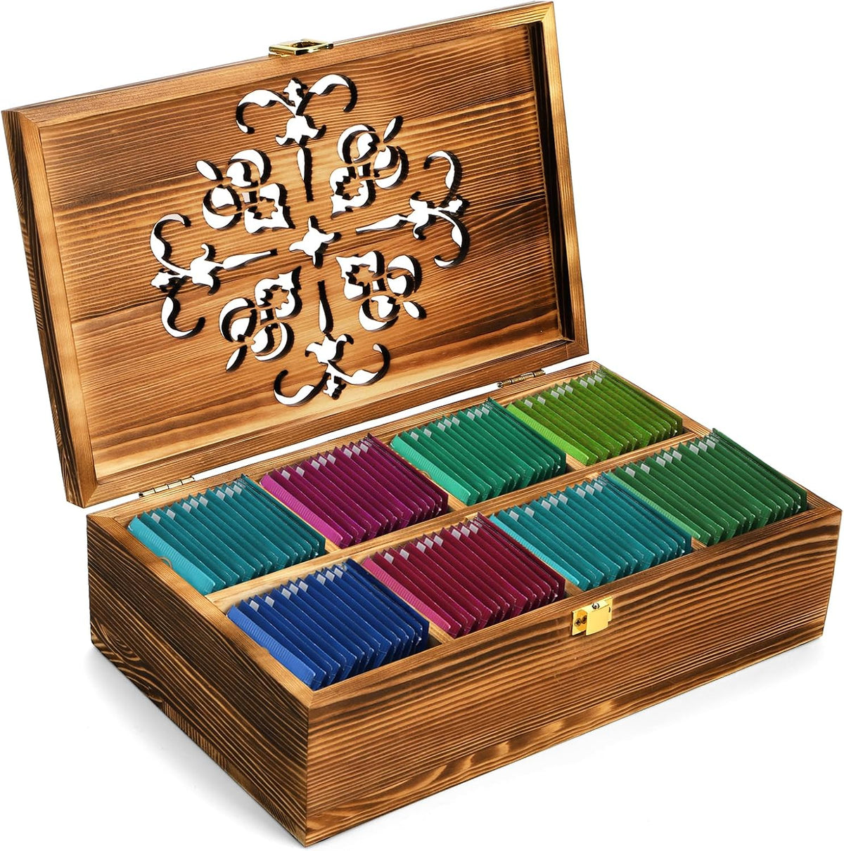 Wooden Tea Bag Storage Box with Carved Lid, 8-Compartment Tea Chest Organizer Spice Packets Container for Living Room, Kitchen, Office, Home Decor