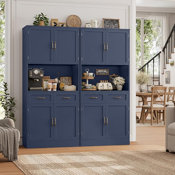 HOSTACK 71“ Tall Kitchen Pantry Storage Cabinet, Modern Kitchen Hutch Bar Cabinet with Microwave Stand, Wood Buffet Sideboard with Hutch, Cupboard with Drawers, Shelves for Dining Room, Blue