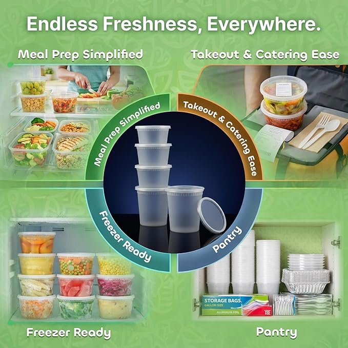 JoyServe 144 Sets Deli Containers with Lids – 16oz & 32oz – Leak Proof, Microwaveable, Dishwasher & Freezer Safe – Plastic Food Storage & Soup Containers