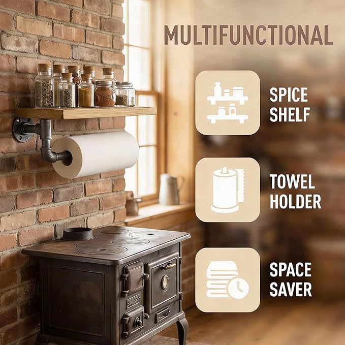 Industrial Vintage Paper Towel Holder Gordon with 13"x6" Shelf Spice Rack TPD-004, Steampunk Loft Style Wall Mount Kitchen Laundary Room Organizer, Wood Metal Water Pipe
