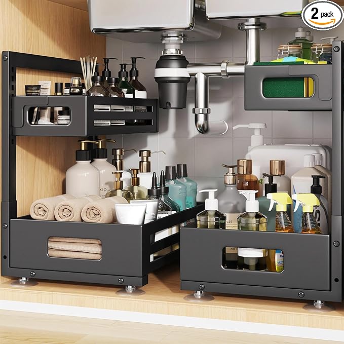 2 Pack Under Sink Organizer,Pull Out Cabinet Organizer with Smooth Cylindrical Rail,Metal Slide Out Drawer for Kitchen Bathroom Laundry Cabinet,8-Level Tool Free Height Adjustable-Black