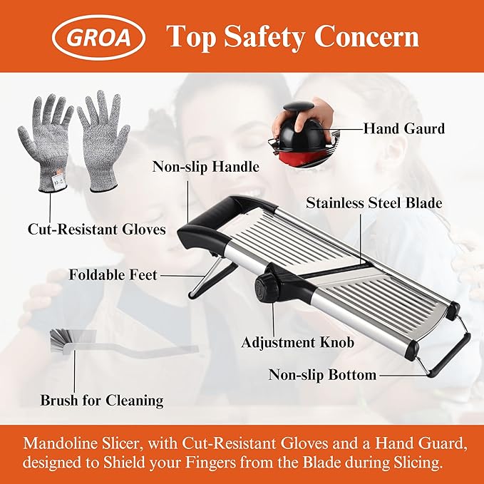 Groa Adjustable Mandoline Slicer for Kitchen– French Fry Cutter, Potato Slicer Vegetable Slicer Tomato Slicer in Kitchen Essentials with Resistant Gloves- Stainless Steel Mandolin vegetable cutter