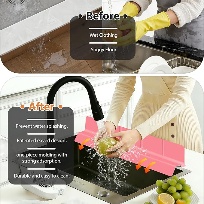23Inch Sink Splash Guard – Extended Length & Tall Silicone Kitchen Sink Splash Guard with Overhang Drainage Design & Strong Suction Cups for Countertop (Rose Pink, 23''x3.5'')