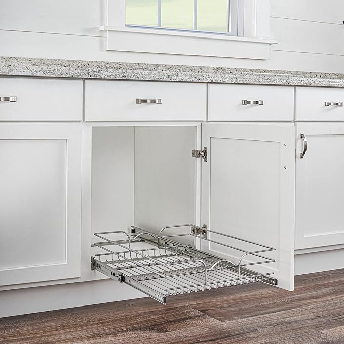 Rev-A-Shelf Steel Wire Pullout Drawer Organizer Shelf for Kitchen Cabinets, Slide Out Storage Basket, Min Opening Width of 17.5", 18" x 22", 5WB1-1822CR-1