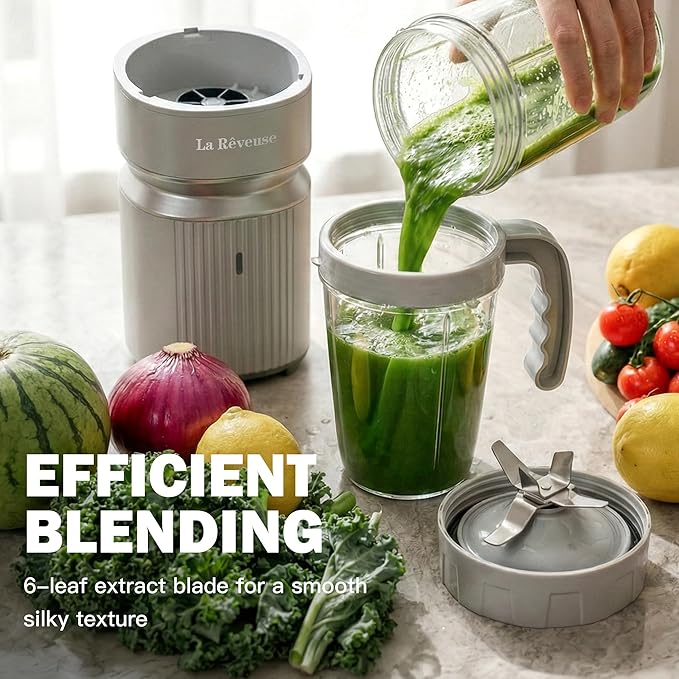 La Reveuse Smoothie Blender for Shakes,Smoothies,Frozen Blending,Salsa,Sauces,Dips,(1) 24oz Cup,(1) Spout Lid,(1) Handled Comfort Lip Ring,1000W,Cool Gray