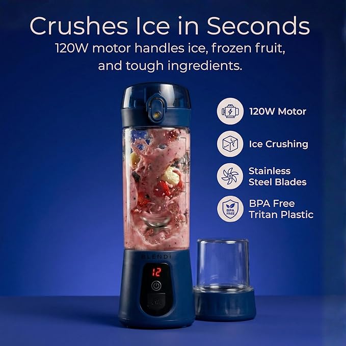 BLENDi Pro+ Portable Blender (17.5oz, Navy Blue) – Powerful Ice Crushing 120W Motor, USB-C Rechargeable, Cordless Personal Blender Smoothies & Shakes – BPA-Free, Self-Cleaning, Travel-Friendly