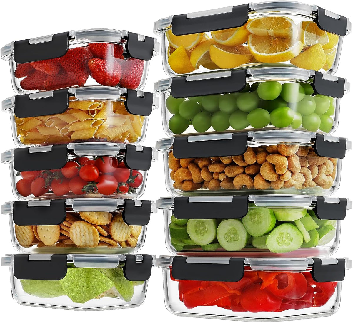 10-Pack Glass Meal Prep Containers, 36 oz/14 oz, Locking Lid Set