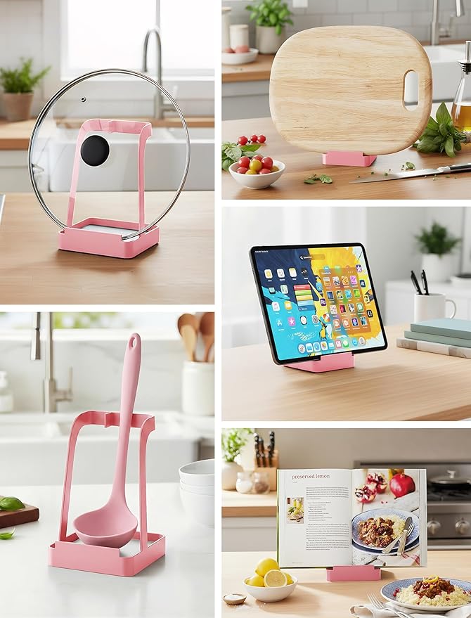 NiHome Kitchen Utensil Holder for Pot Lids & Spoons Pink Kitchen Accessories with White Diatomite Drip Tray, Non-Slip Base, Metal Cooking Spoon Rest, 3.9"x3.9"x6" Countertop Organizer (Pink)