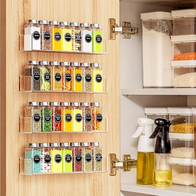 Wall Mounted Acrylic Spice Rack 4 Pack, 12 Inch Clear Pantry Door Organizer, Floating Spice Organizer, Adhesive or Screw Mounted Cabinet Seasoning Shelf