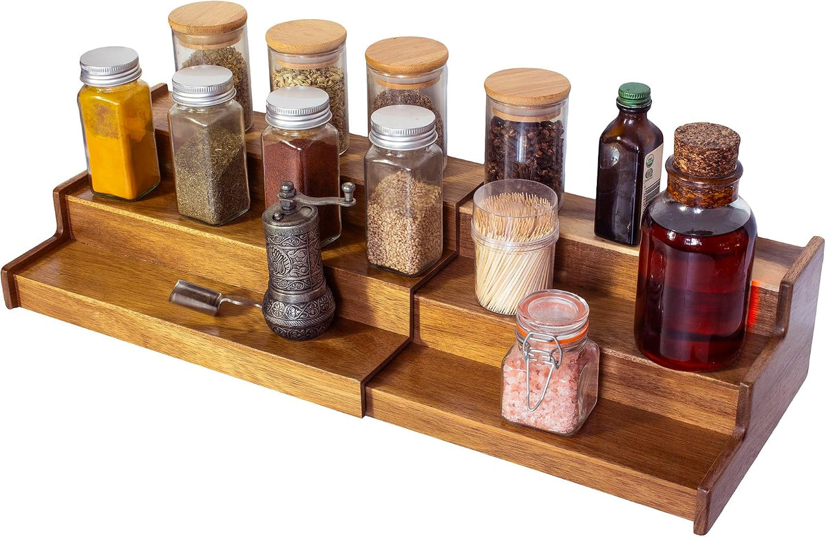 Acacia Wood 3 Tiered Spice Rack, 3 Tier Spice Organizer for Cabinet or Kitchen