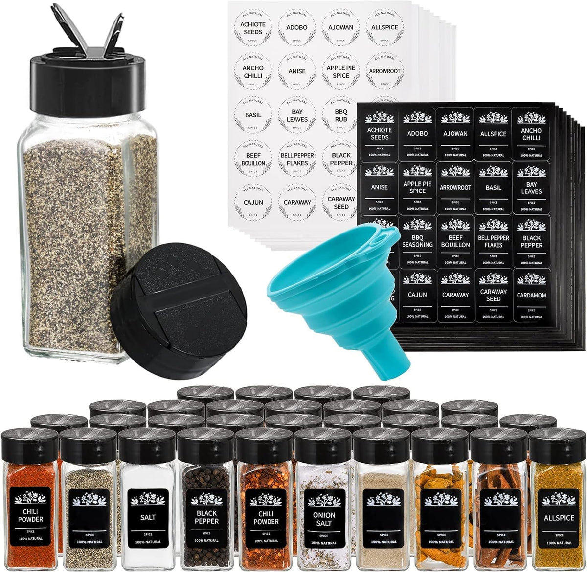 30 Pack Glass Spice Jars Square Glass Bottles with Black Caps, 4oz Empty Spice Containers Shakers Complete Organizer Set Includes Wide Funnel and Labels