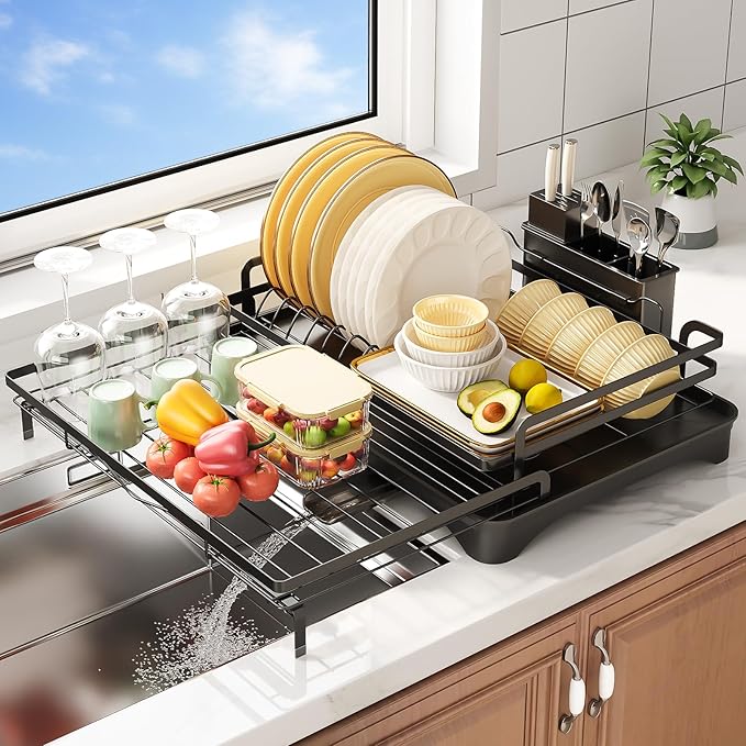 PureBox Extendable Dish Rack for Kitchen Sink - Heavy-Duty Adjustable Over Sink Drying Rack with Utensil Holder & Drain Tray, Space Saving Steel Frame Dish Rack (Black)