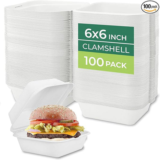 Clamshell Food Containers with Lids [6x6" 100-Pack] Disposable To Go Containers