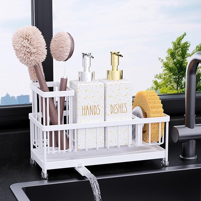 Cisily Kitchen Soap Dispenser Set with Sink Caddy, Glass Bottle, Hand and Dish Soap Dispenser Set with Sponge Holder (White Bottles + White Sponge Holder)