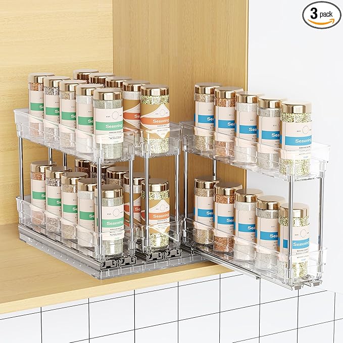 Mystozer Pull Out Spice Rack Organizer for Cabinet, Slide Out Spice Racks Organizer, Easy to Install Spice Cabinet Organizers, 2.3''Wx10.66''Dx8.11''H, 3 Packs-2 Tiers(Clear)