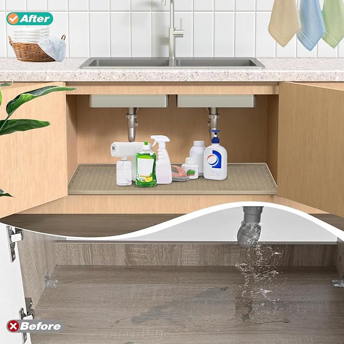 Waterproof Under Sink Mat 34" x 22", Silicone Cabinet Liner, Rubber Protector for Kitchen and Bathroom, Keeps Cabinets Clean, Dry, and Organized (Khaki)