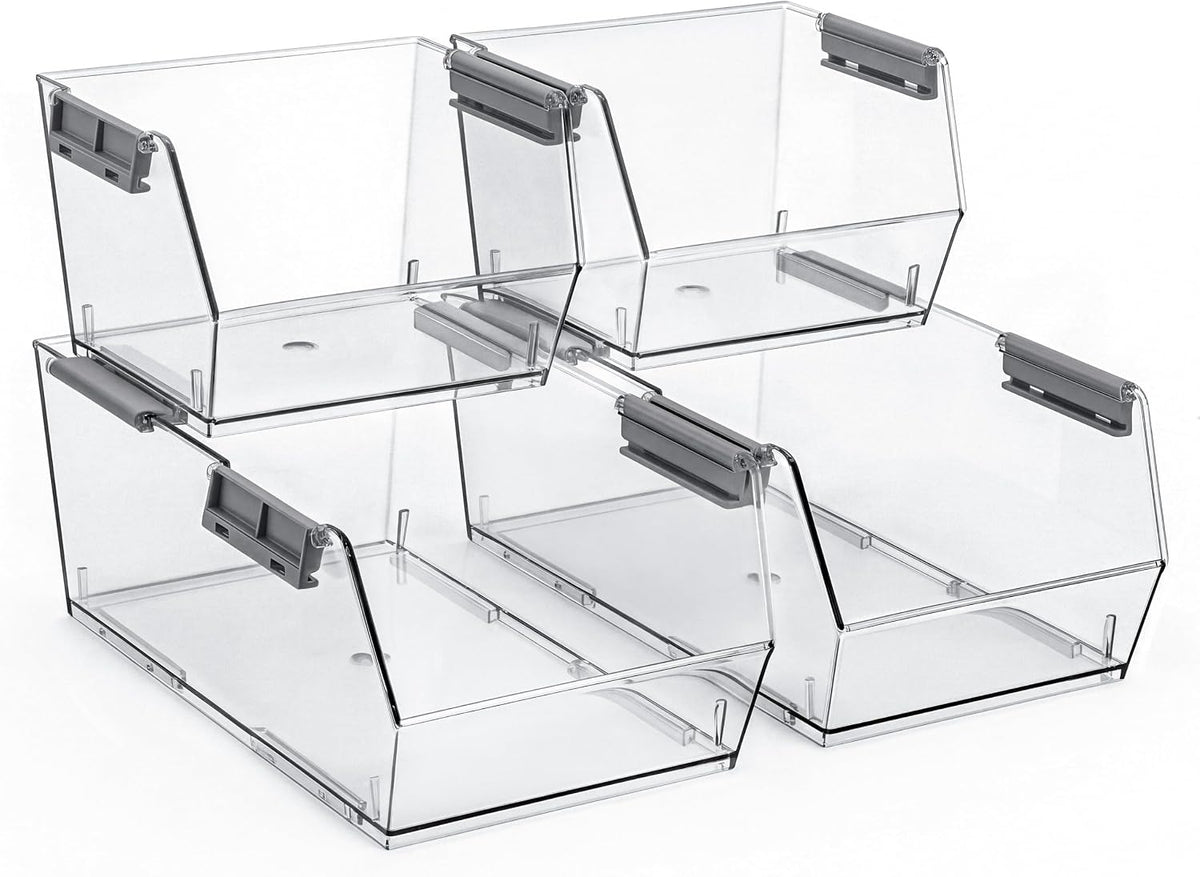 Set of 4 Stackable Storage Bins, 2 Large + 2 Small Clear Plastic Organizer Bins, Open Front Design for Kitchen Pantry, Fridge, Cabinet, Bathroom Organization and Snack Storage
