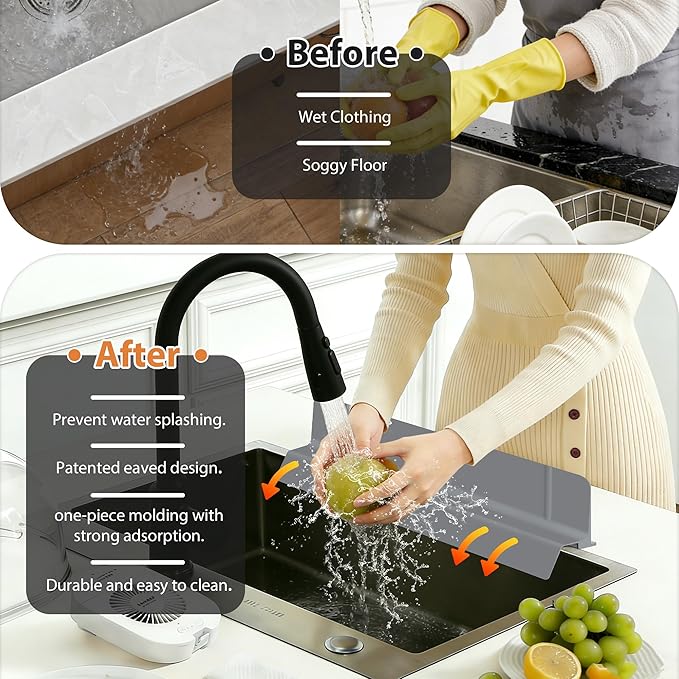 18Inch Sink Splash Guard – Extended Length & Tall Silicone Kitchen Sink Splash Guard with Overhang Drainage Design & Strong Suction Cups for Countertop(Dark Grey, 18''x3.5'')