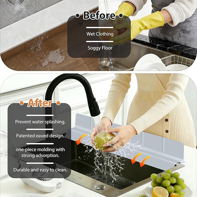 29Inch Sink Splash Guard – Extended Length & Tall Silicone Kitchen Sink Splash Guard with Overhang Drainage Design & Strong Suction Cups for Countertop(Grey, 29''x3.5'')