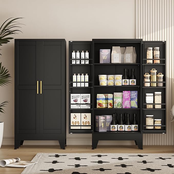 GAIOUS Metal Kitchen Pantry Cabinet, Storage Cabinets with 2 Door and 3 Adjustable Shelves, Black Freestanding Food Storage Cabinet, Steel Cupboard for Kitchen Dinning Room