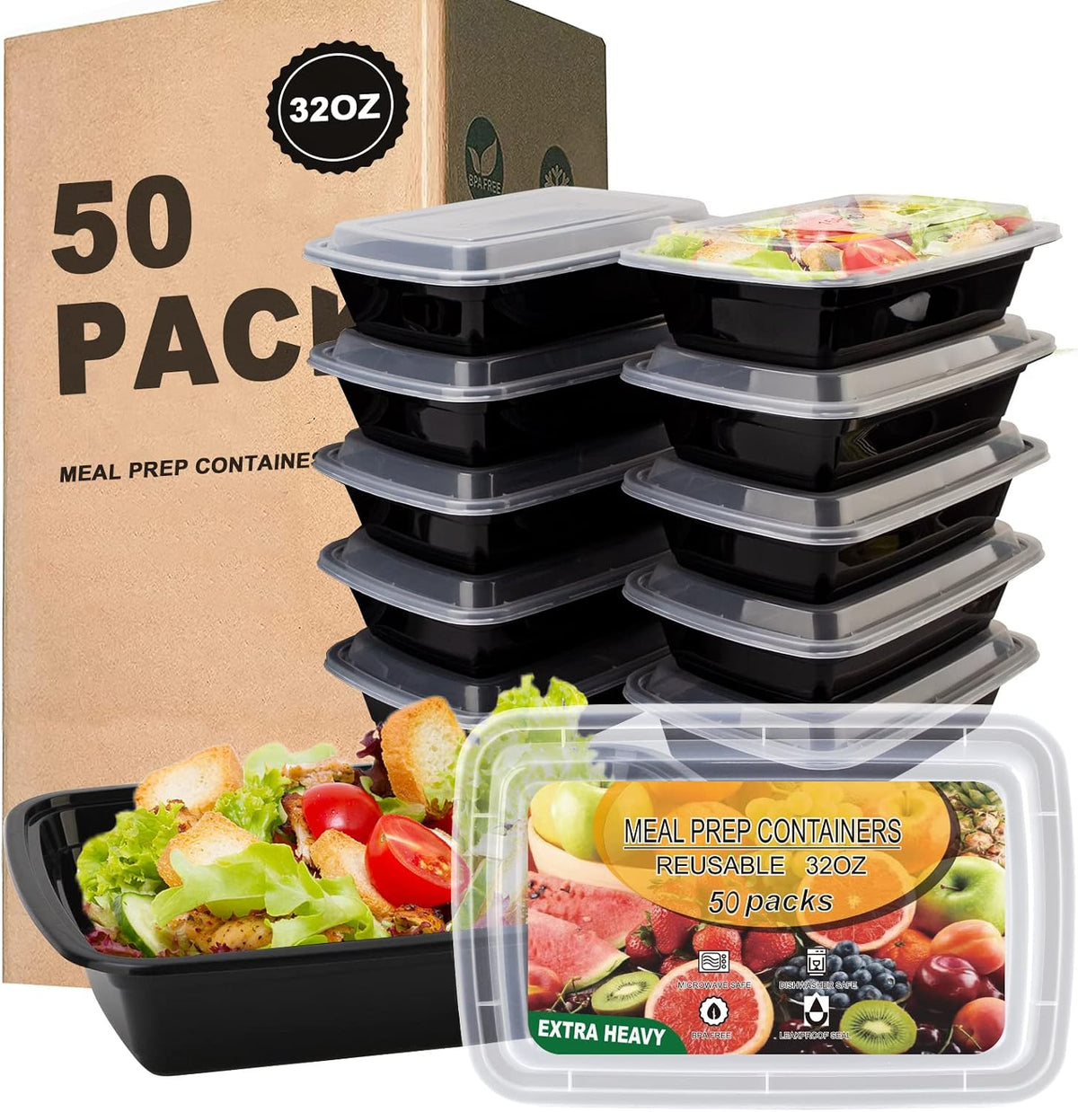 50 Pack- Meal Prep Containers 32oz, Plastic Food Prep Containers