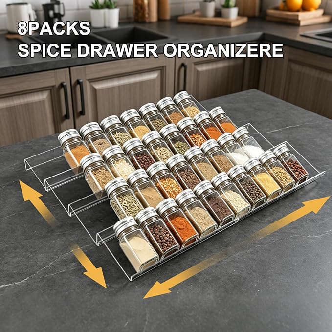 Expandable Acrylic Spice Drawer Organizer – 4-Tier Clear Seasoning Rack Insert for Kitchen Drawers, Adjustable from 9" to 18", Fits Most Spice Jars (Jars Not Included) 8-Pack