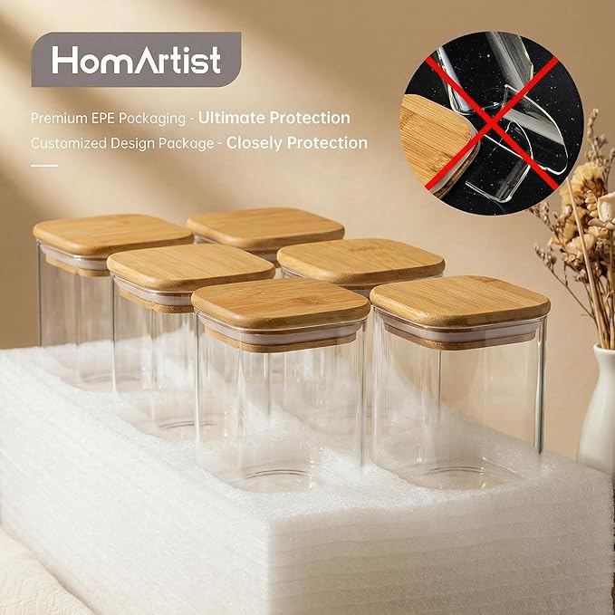 HomArtist Square Glass Jars with Bamboo Lids 17 FL OZ [Set of 12], Glass Canisters with Airtight Lids, Glass Food Storage Containers for Spice, Sugar, Tea, Candies, Cookies, Best for Kitchen & Pantry