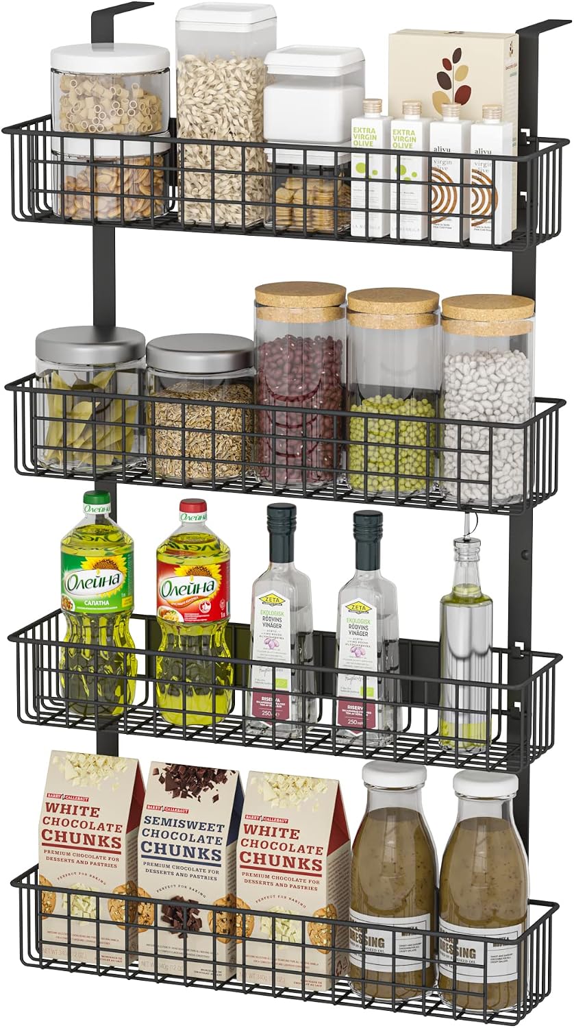 4 Tier Magnetic Spice Rack | Strongly Magnetic Spice Shelf with Utility Hooks | Refrigerator Spice Storage | Kitchen Storage Rack for Placing Seasoning Bottles, Plastic Wraps or Garbage Bags (Black)