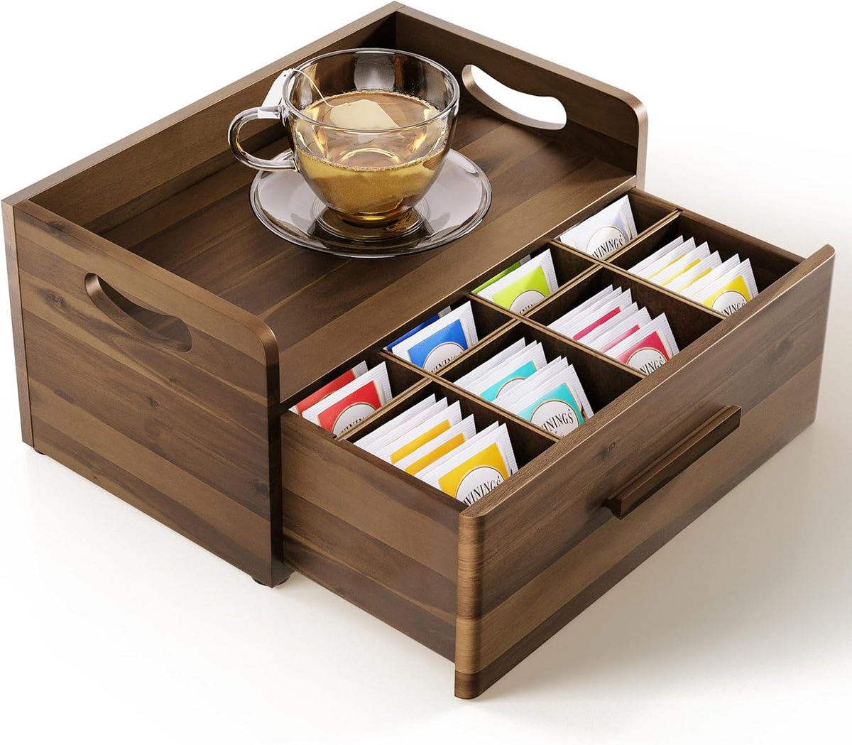 Acacia Wooden Tea Box Organizer with Drawer for Countertop Display