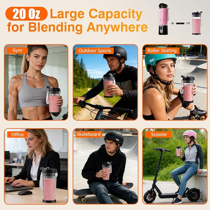 Portable Personal Size Blender for Smoothies - Cordless Mini Blender with 20oz BPA-Free Juice Cup & Leak-proof Travel Lid, Type-C Rechargeable Freshly Squeezed in Outside/Office/Gym