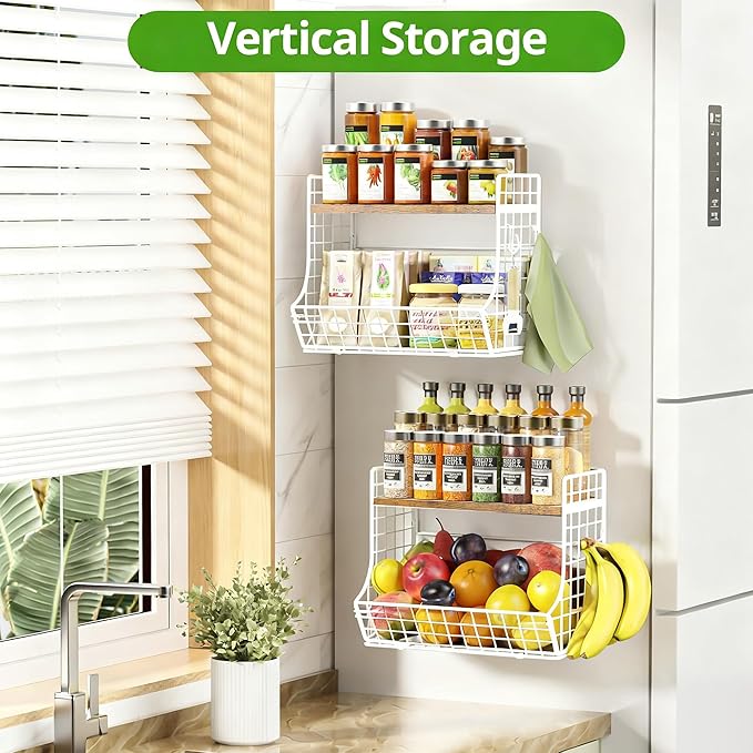 Magnetic Shelf for Fridge with Wood Lid, Fruit Potato and Onion Storage Bins, Pantry Organizers and Storage, Strong Magnetic Spice Rack for Refrigerator, Kitchen Counter and Laundry Room (X-Large)