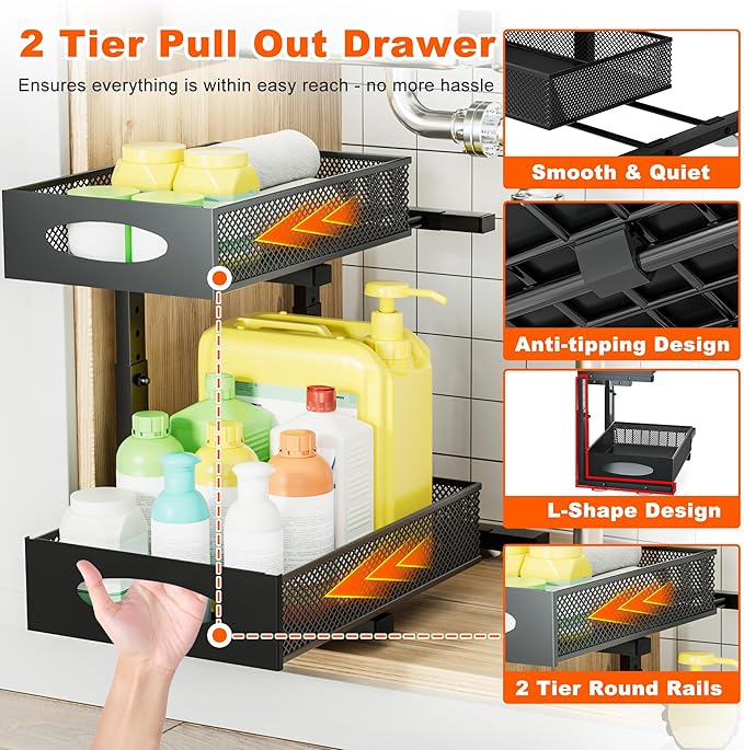 Under Sink Organizer, 2 Packs 2 Tier Under Sink Organizers and Storage, Slide Out Pull Out Cabinet Organizer Shelf, Metal Sliding Drawer for Kitchen Bathroom Pantry Cabinet Closet Organization Rack