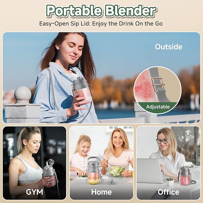 Portable Blender, 27oz Personal Blender for Smoothies & Protein Shakes with 70W Motor & Smart Lock, USB-C Rechargeable, BPA-Free for Travel/Office/Home/Gym Drink Mixer with Strap, Prasky (Light Gray)