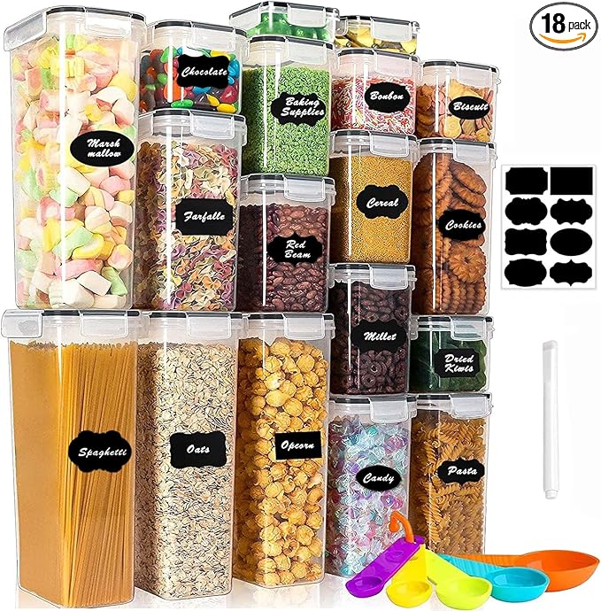 18 Pack Airtight Food Storage Containers with Lids, BPA Free Clear Pantry Storage Container for Kitchen Food Pantry Organizers and Storage, Plastic Pantry Organiser for Cereal,Flour and Sugar