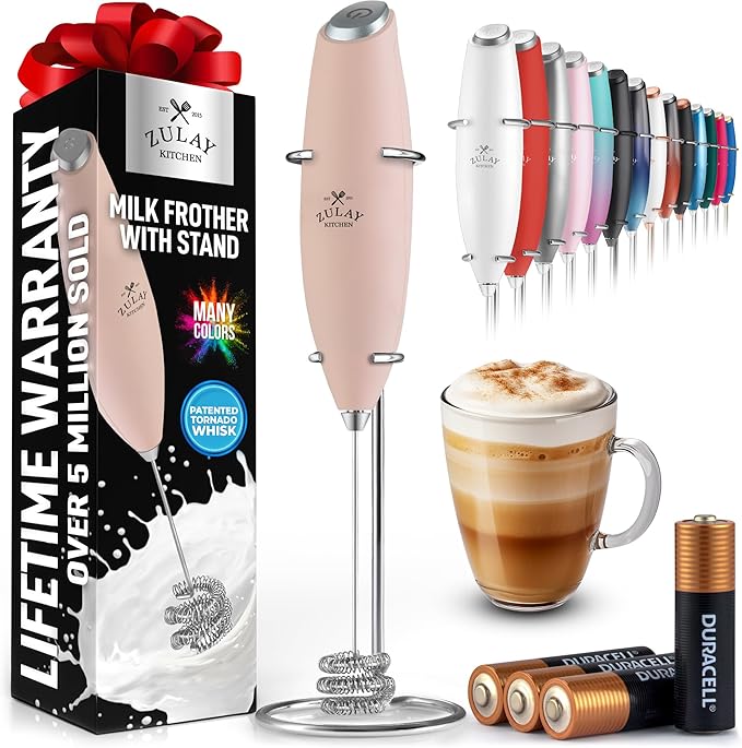Zulay Kitchen Powerful Milk Frother Wand With Duracell Batteries - Ultra Fast Handheld Drink Mixer - Electric Whisk Foam Maker for Coffee, Lattes, Cappuccino & Matcha - Triple Whisk - Peach Pink