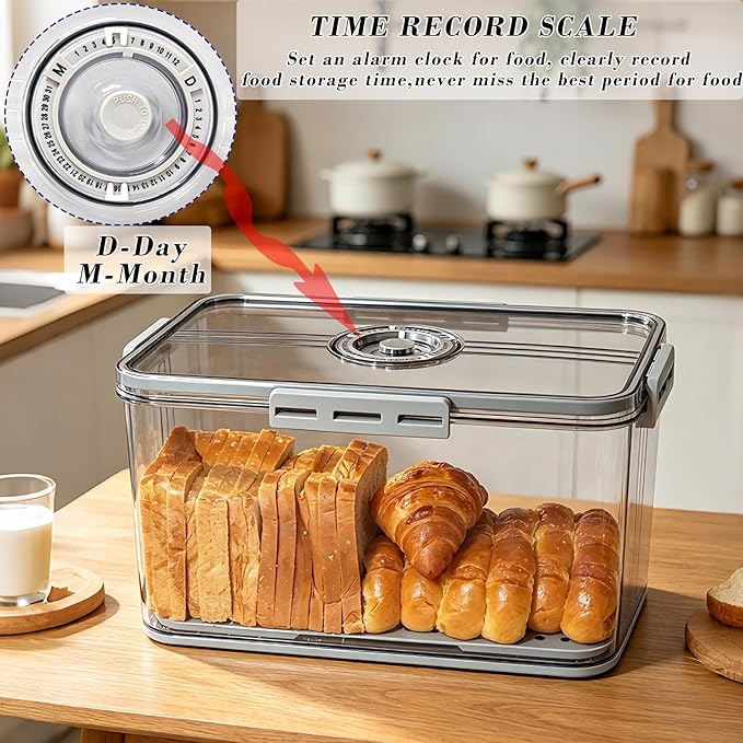 Bread Box Bread Boxes with Lid for Kitchen Counter, Airtight Loaf Bread Storage Container,Large Time Recording Bread Keeper for Homemade Bread, Toast, Bagel, Donut and Cookies ,Gifts for Mom Dad