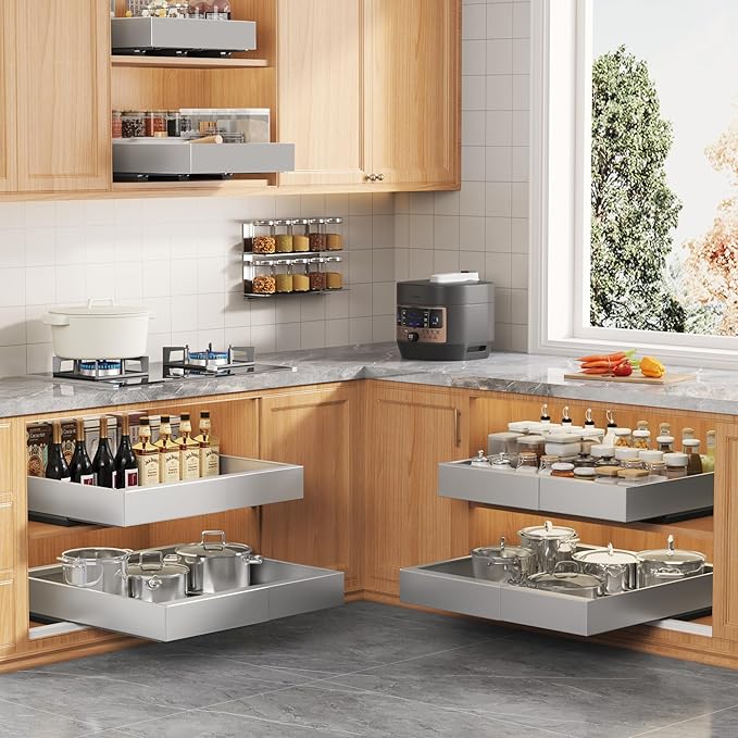 Seinloes 4Pack Expandable Pull Out Cabinet Organizer 21" Deep with Raising Pad for Framed Cabinets,Slide Out Drawers with 4pcs Divider Racks,Roll Out Shelves,Adjustable Width 12.05"-20.4" Silver