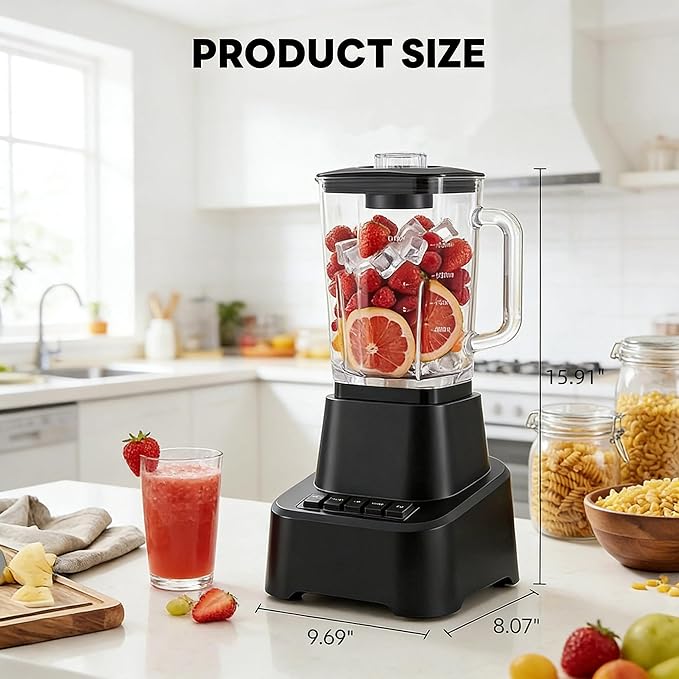 Simple Deluxe Blender for Smoothies, 850W Powerful Countertop Blender for Kitchen, 54oz Large Glass Pitcher, 4 Speeds with Pulse for Ice Crushing, Frozen Fruits, Juicers, Dishwasher Safe, Black