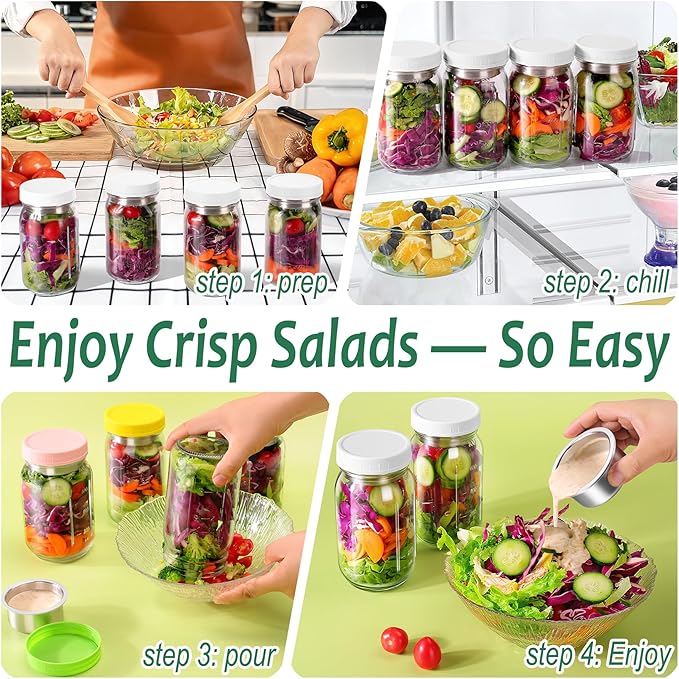KTKUDY 2 Pack 32 oz Glass Salad Jars with Dressing Cups (Pod) - Meal Prep Salad Container for Lunch - Leakproof Mason Jars with Lids