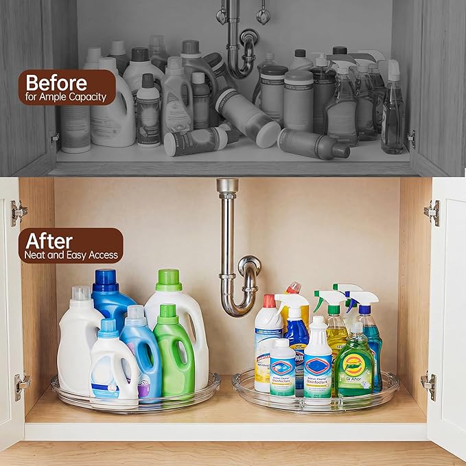 LAMU 12 Inch Lazy Susan Turntable, 360° Rotating Organizer Storage for Cabinet & Table Top, Pantry, Fridge, Bathroom, 2 Pack Clear Spice Rack, Kitchen Storage Tray for Medicine & Countertop