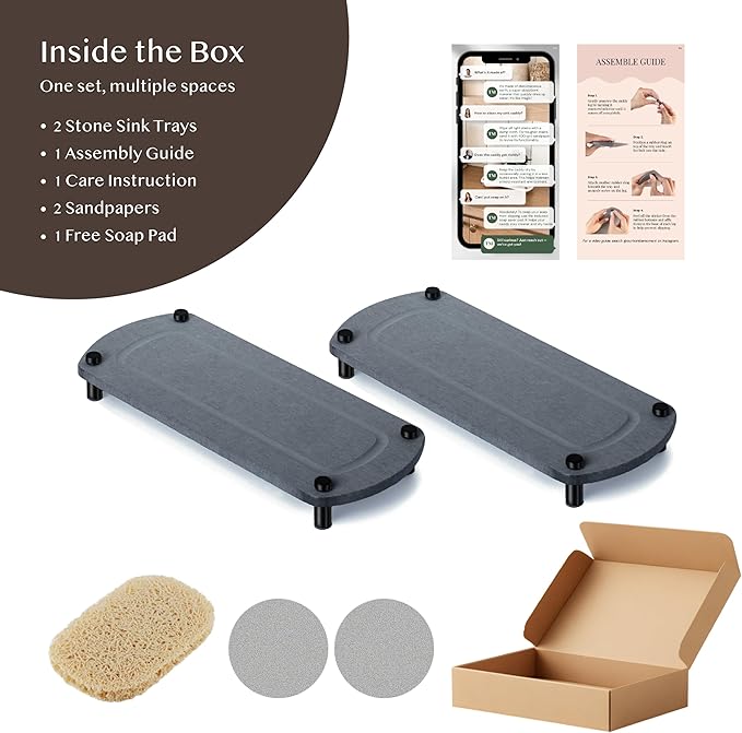 2PCS Water Absorbing Stone Soap Tray for Kitchen Bathroom Sink, Quick Dry Diatomaceous Earth Drying Rack and Shower Caddy, Soap Dispenser and Sponge Holder Organizer for Countertop, TWINKLE MOMENT; Dark Gray