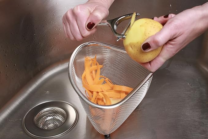 RSVP International Endurance® In-Sink Mesh Colander Strainer Basket, 3 Quart | Organize Sponges, Collect Food Scraps | Dishwasher Safe | Small Corner Basket | Steaming, Draining & Rinsing