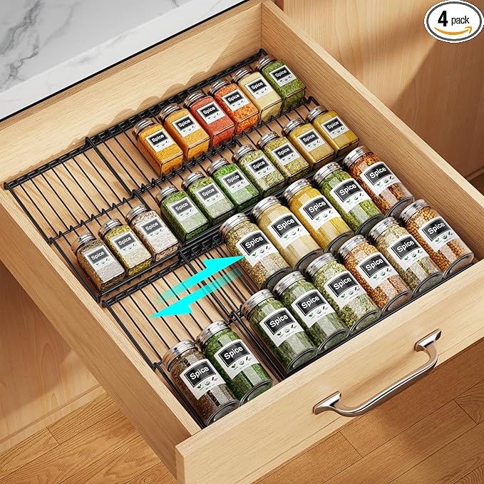 iSPECLE 4 Pack Spice Drawer Organizer, 2-Tier Low Profile Spice Rack Insert for Kitchen Drawers, Fits 15"–30" Wide Drawers, Keeps Labels Visible, No Slip No Rattle, Oil-Resistant Carbon Steel, Black
