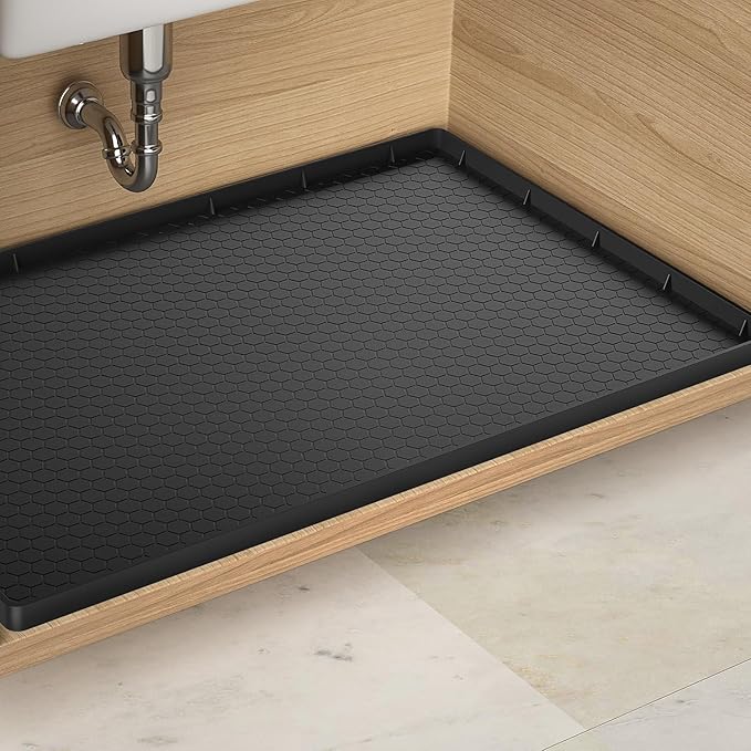 Under Sink Mat - 37" x 22" Waterproof Kitchen Cabinet Mat - Flexible Silicone Under Sink Liner - Kitchen Bathroom Cabinet Mat and Protector for Drips Leaks Spills (Black)